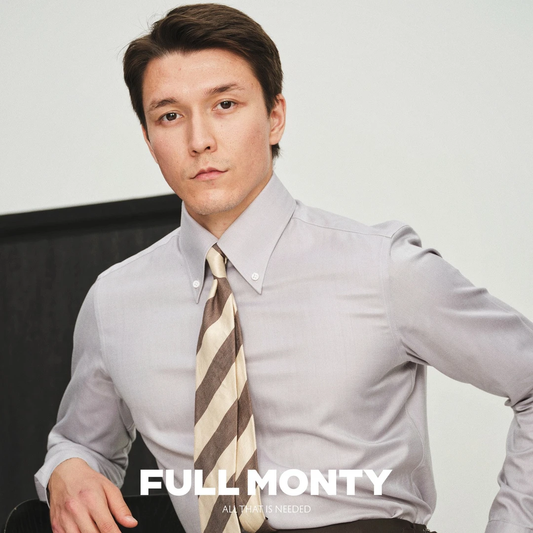 FULL MONTY男士灰色长袖衬衫免烫人字纹钉扣领商务棉制正装衬衣