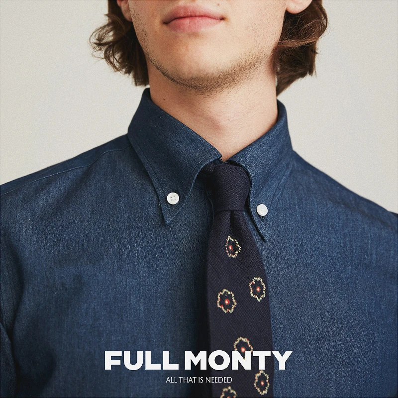 FULL MONTY牛仔钉扣领长袖衬衫纯棉男士商务正装休闲修身衬衣春季