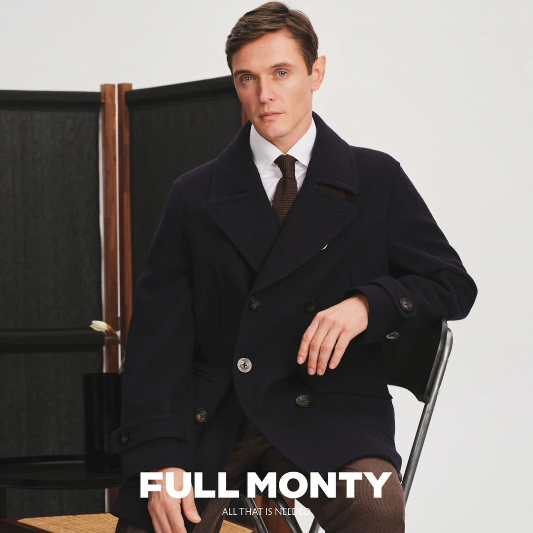 【海军大衣】新款藏青色毛呢大衣男商务休闲中长款双排扣呢子外套