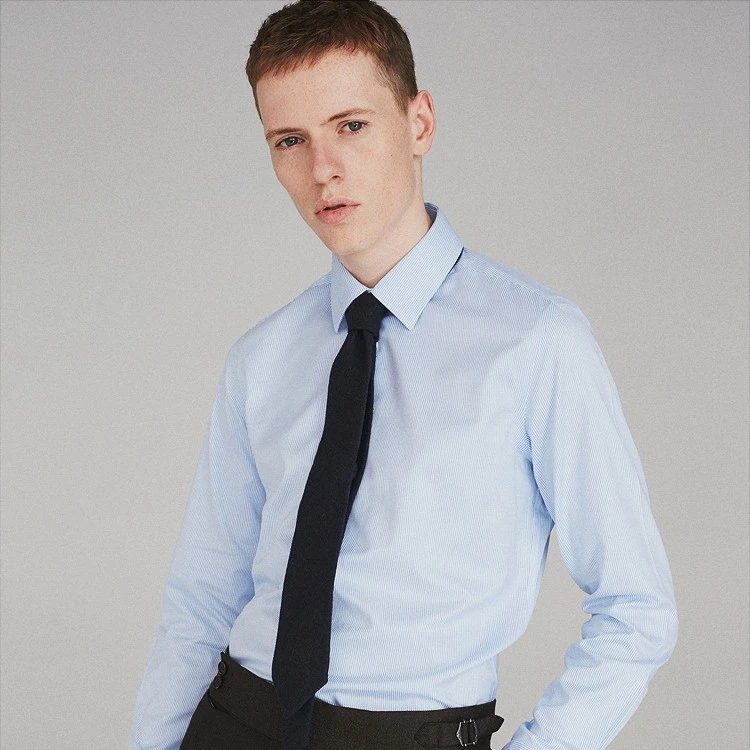 FULL MONTY免烫衬衫长袖男士条纹蓝色100棉商务正装修身衬衣