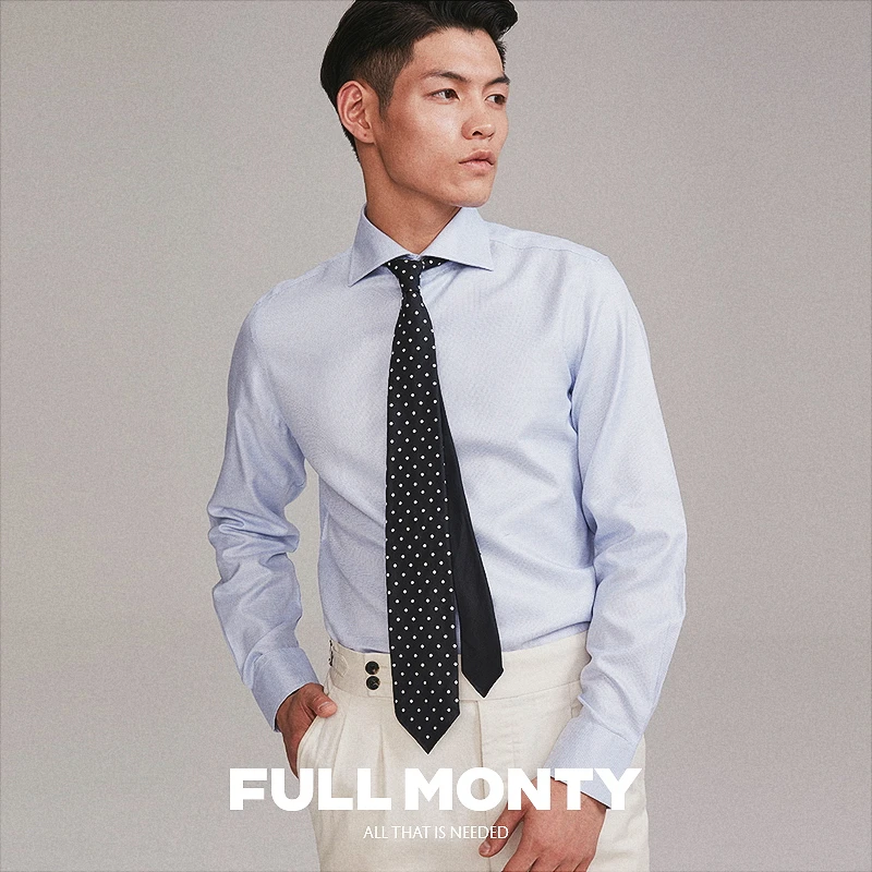 FULL MONTY免烫长袖蓝色衬衫男士商务修身高端正装格子职业衬衣