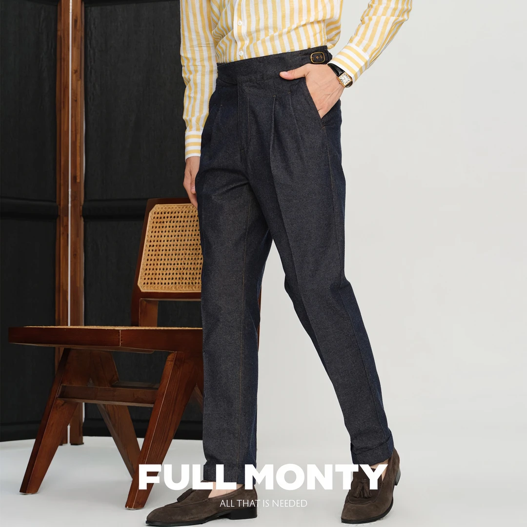 FULL MONTY藏青色牛仔廓尔格休闲裤男士宽松直筒纯棉高腰长裤子