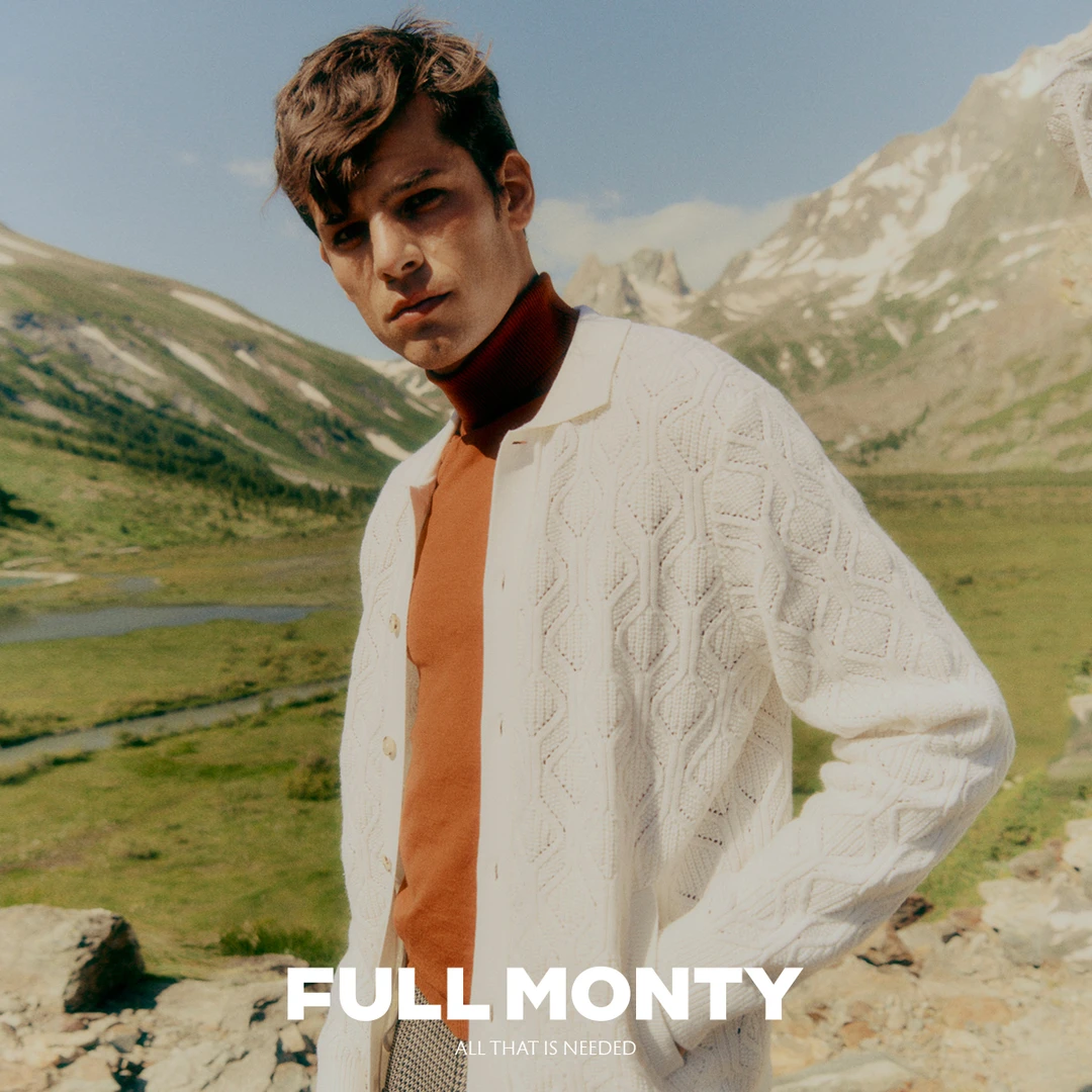 白色翻领男士针织开衫方格纹羊毛混纺粗针外套秋冬款