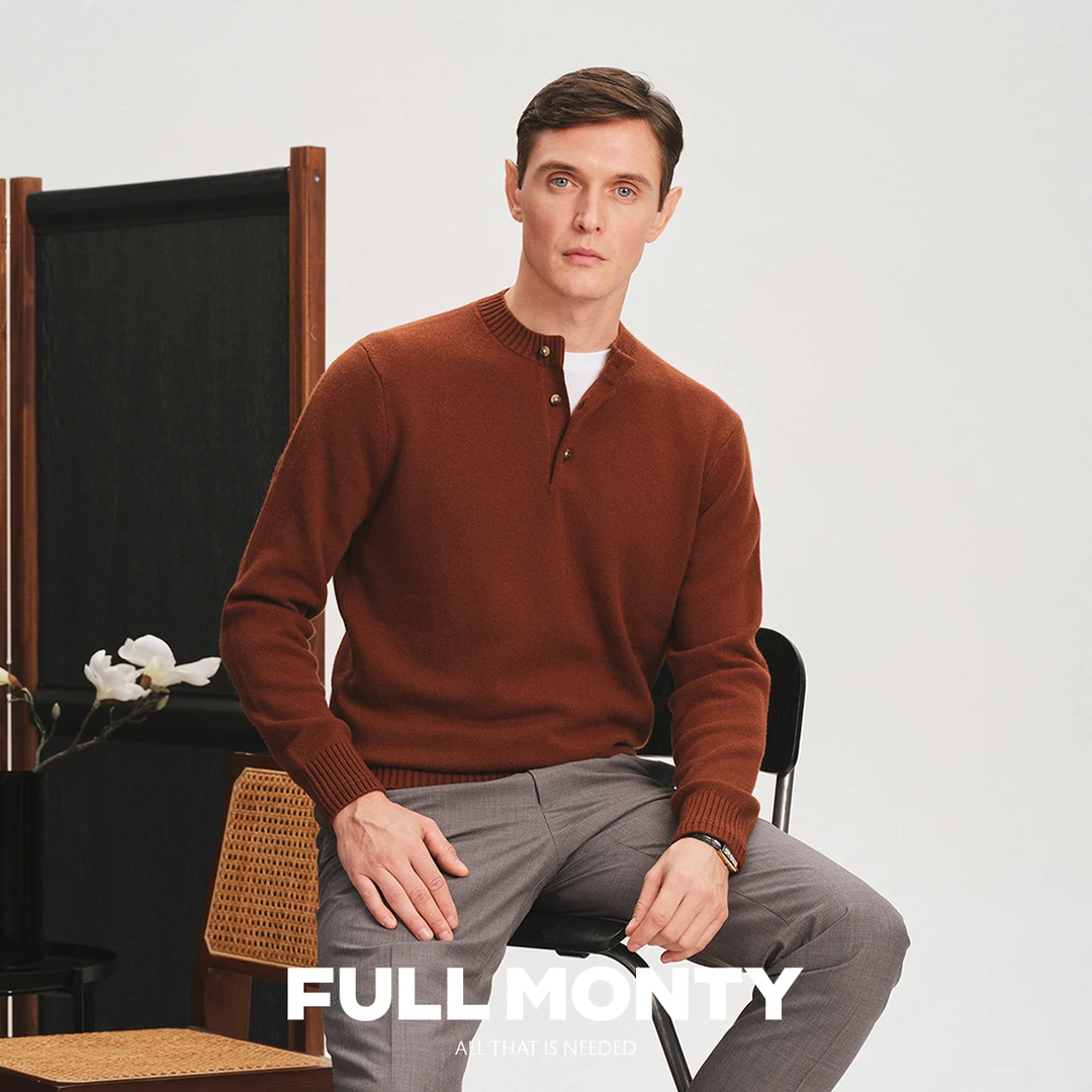 棕色圆领纽扣门襟长袖针织衫男士休闲毛衣羊毛上衣