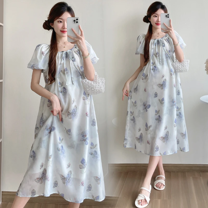 时髦孕妇装夏季新款宽松显瘦甜美小清新雪纺中长款大码碎花连衣裙