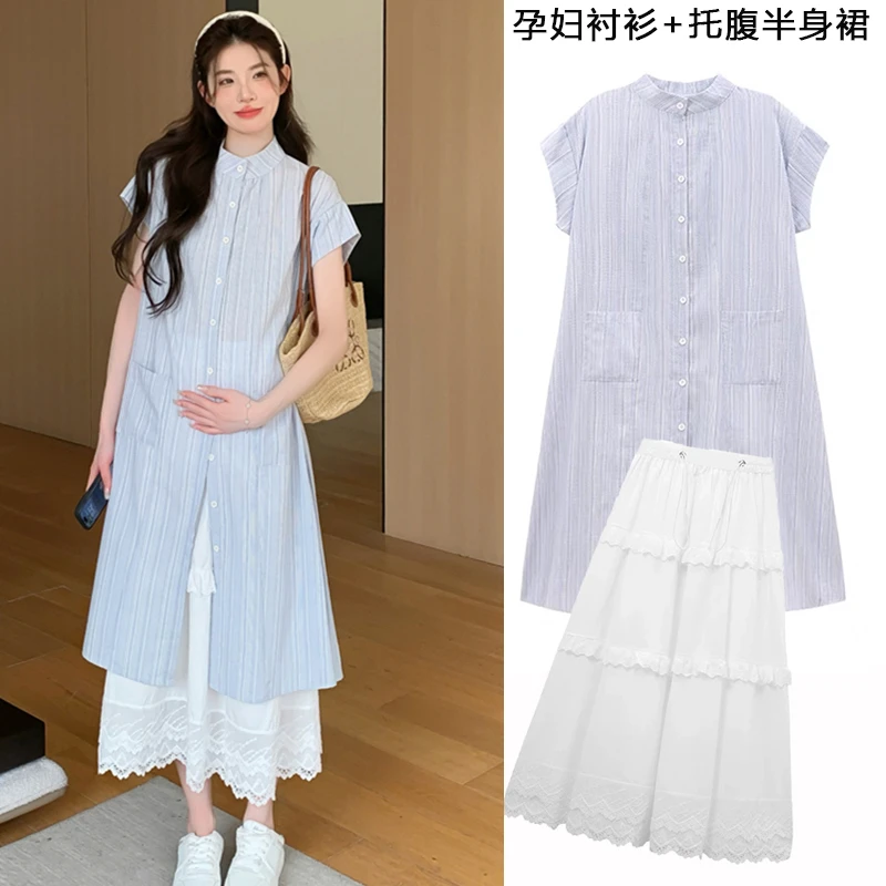 时髦孕妇装夏季网红款条纹韩系中长款叠穿大码显瘦气质短袖连衣裙