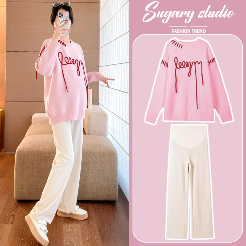 孕妇装2024新款秋冬时尚套装毛衣洋气时髦加绒阔腿裤小个子两件套