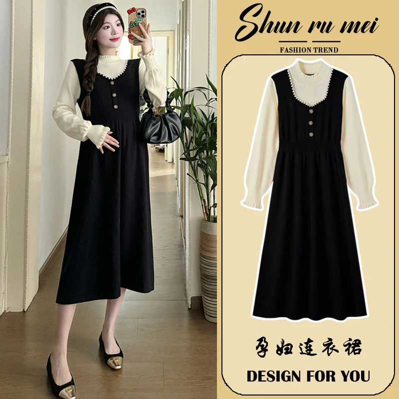 孕妇连衣裙秋冬2024新款针织拼接假两件小个子长袖显瘦裙子春秋款