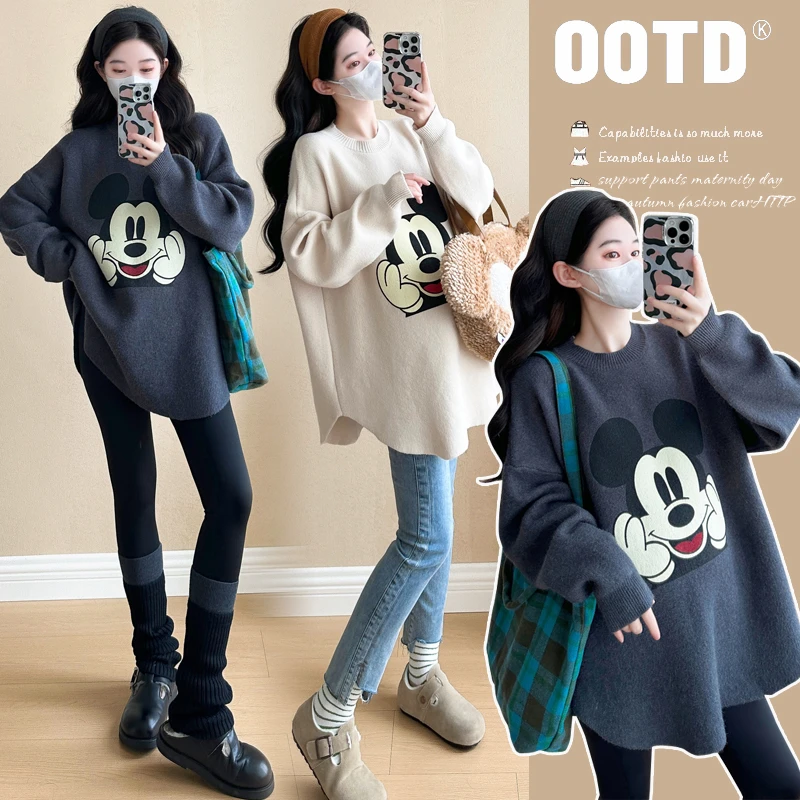 时髦孕妇装2025秋冬装孕妇韩版简约大码卡通时尚款慵懒风孕妇毛衣