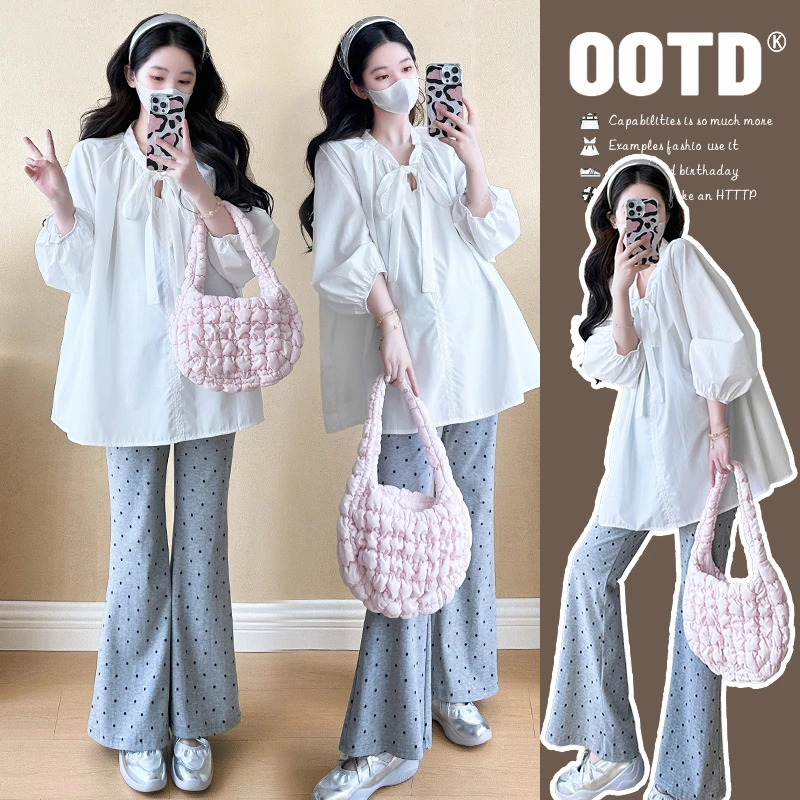时髦孕妇装夏季早秋韩系波点喇叭裤时尚蝴蝶结系带长袖上衣两件套