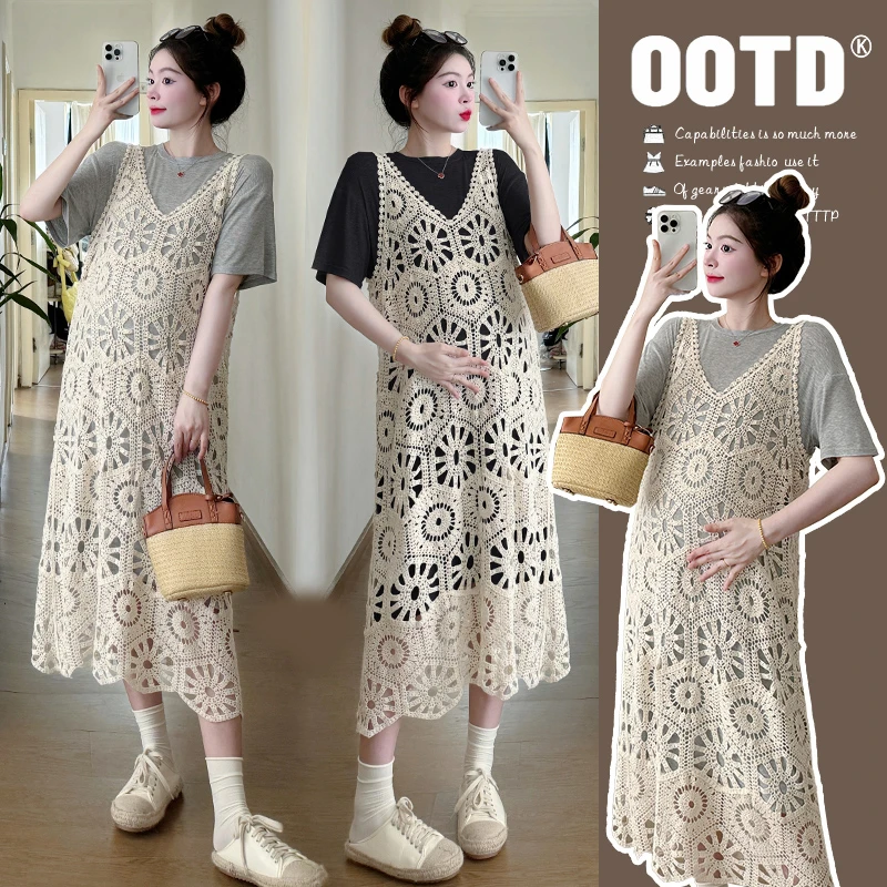 孕妇夏装2024新款连衣裙短袖套装时尚洋气时髦夏季蕾丝裙子两件套