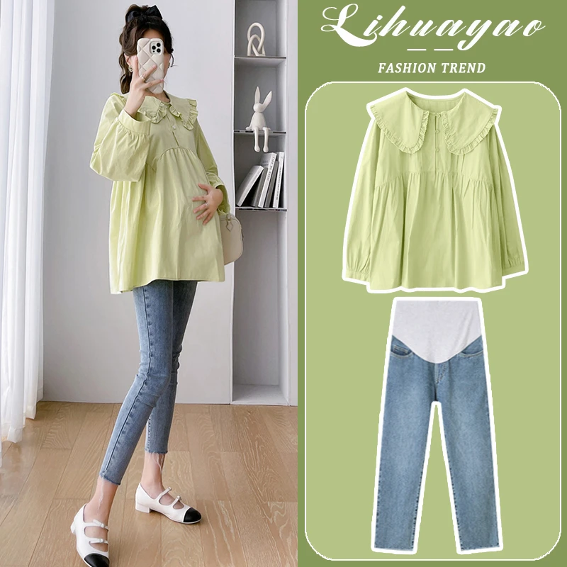 孕妇套装时尚洋气时髦绿色娃娃领上衣牛仔裤两件套2024新款春秋款