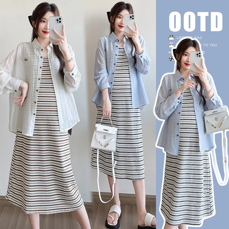 时髦孕妇2025网红夏装孕期宽松显瘦时尚条纹背心裙+防晒衬衫套装