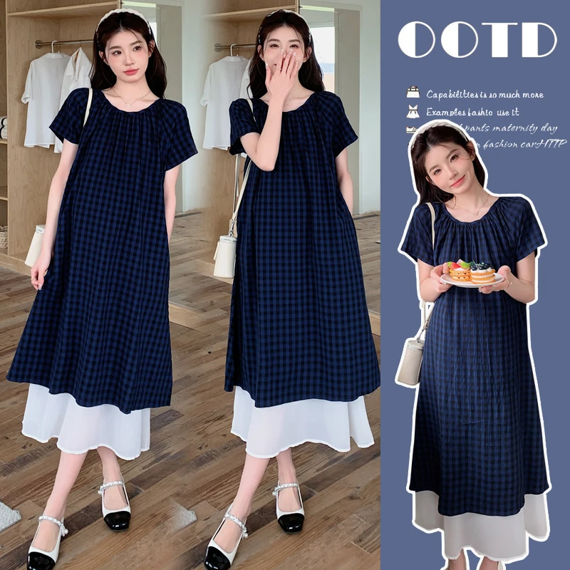 时髦孕妇装夏季新款2025格纹宽松型淑女甜美圆领时尚假两件连衣裙