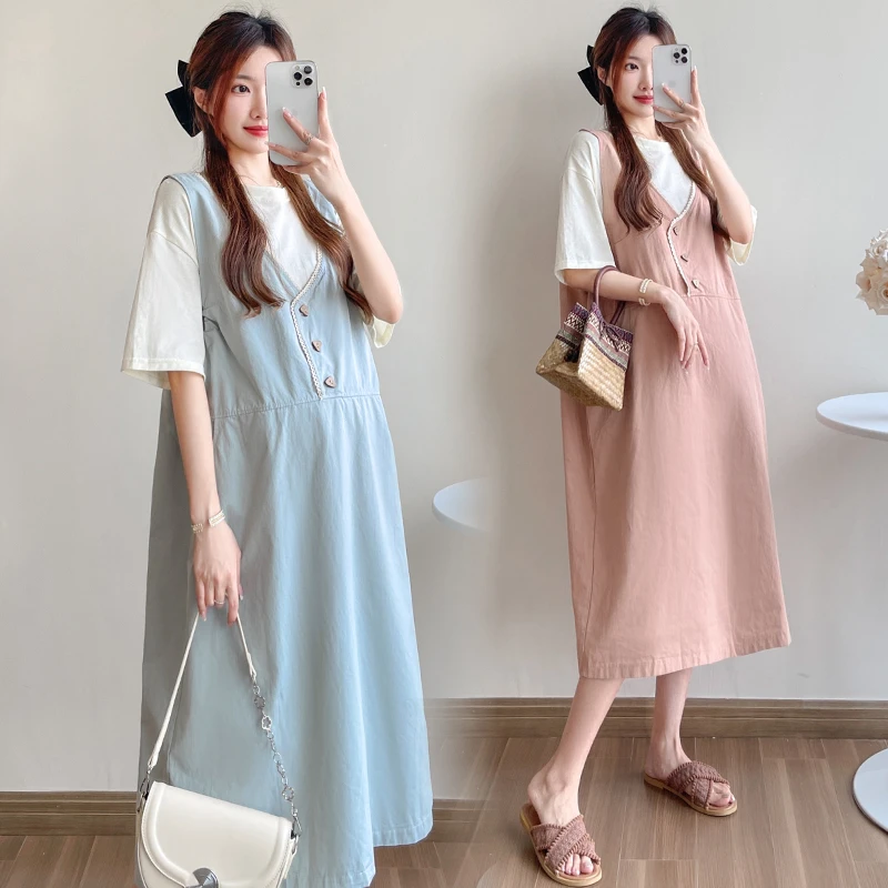 孕妇装夏款2024新款连衣裙高级感套装时尚牛仔背带裙子夏季两件套