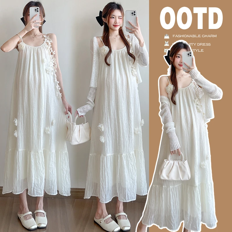 时髦孕妇装新款夏季拼接荷叶边立体花朵吊带加防晒开衫显瘦连衣裙