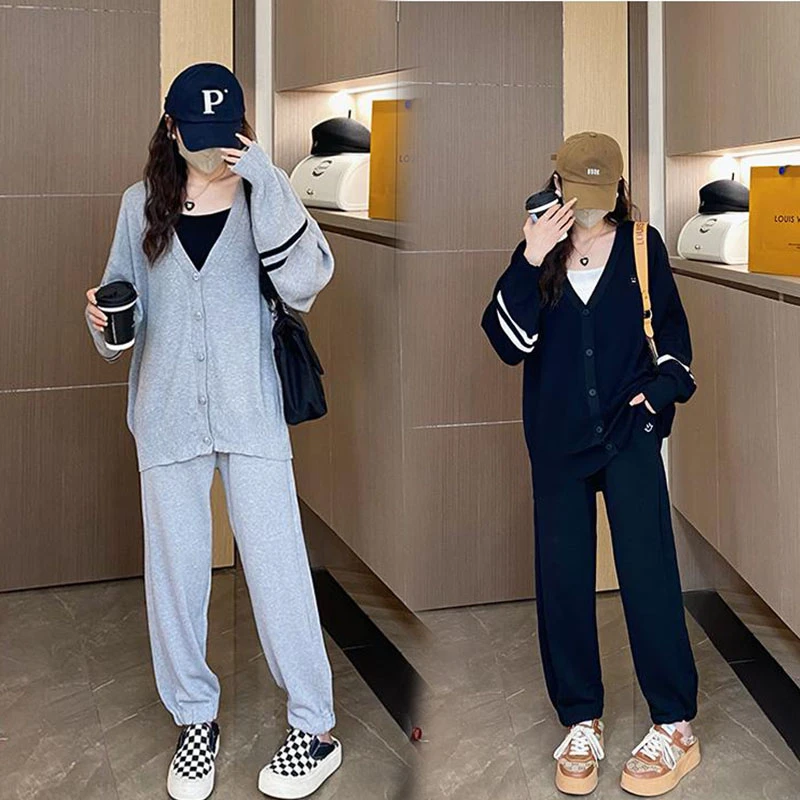 孕妇套装2025新款春秋时尚洋气时髦宽松灰色上衣裤子两件套长袖