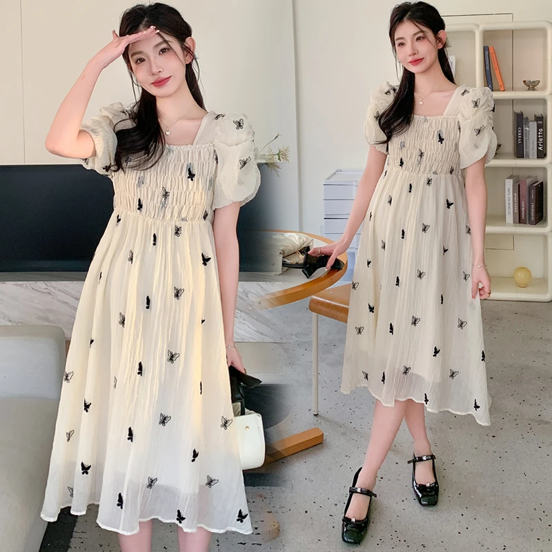 孕妇夏装甜美减龄短袖方领时髦辣妈小香风网红气质显瘦遮肚连衣裙