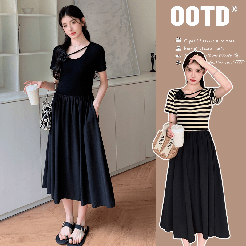 孕妇夏季新款2024条纹拼接法式气质洋气显瘦薄款短袖中长款连衣裙