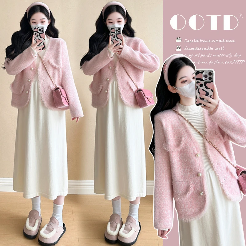 时髦孕妇装秋冬新款韩版时尚气质小香风针织开衫外套时尚厚毛衣裙