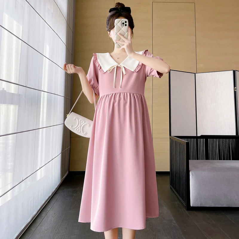 孕妇连衣裙夏季豆沙粉色清新时尚减龄宽松娃娃领中长款女2024新款