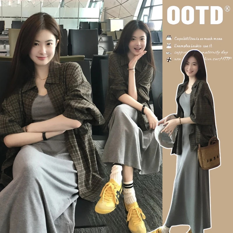 时髦孕妇装秋装新款格子衬衫上衣中长款背心春秋显瘦款气质连衣裙