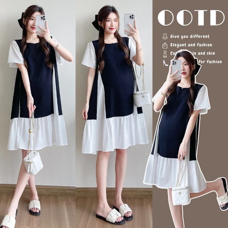 时髦孕妇装2025新款夏季圆领黑白撞色拼接短袖宽松洋气时尚连衣裙