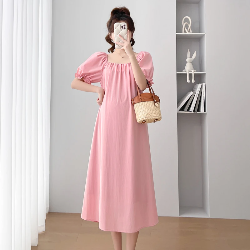 孕妇连衣裙夏季2024新款粉色宽松显瘦减龄甜美A字裙短袖方领长款
