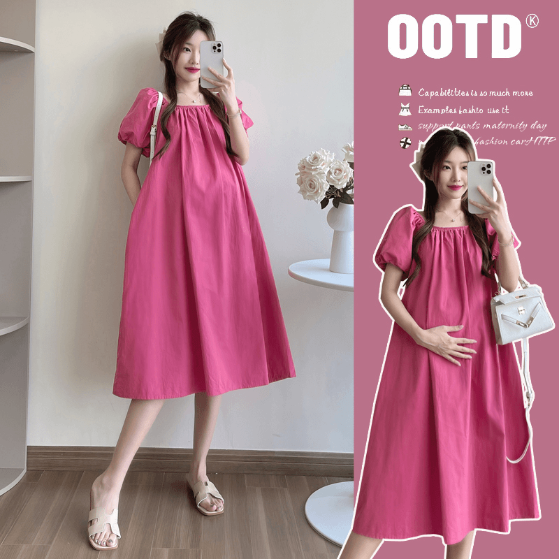 时髦孕妇装夏季新款简约夏季纯色特宽短袖方领时尚法式气质连衣裙