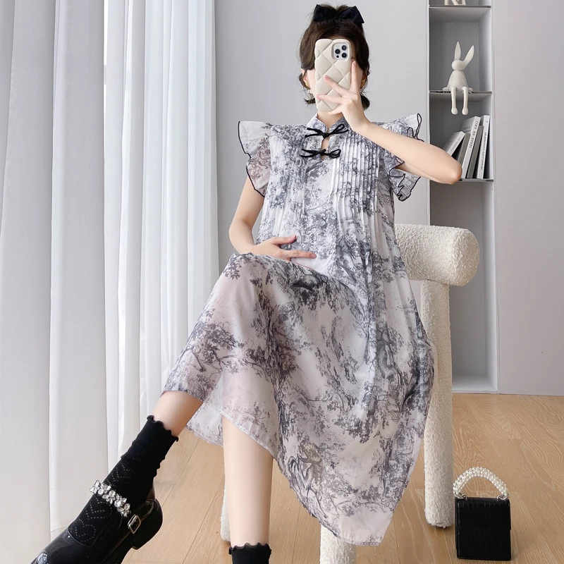 孕妇装夏款2025新款小个子中式盘扣水墨画中长款小飞袖显瘦连衣裙