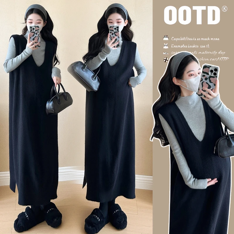 时髦孕妇秋冬装毛衣两件套过膝长款针织春秋显瘦款洋气连衣裙套装