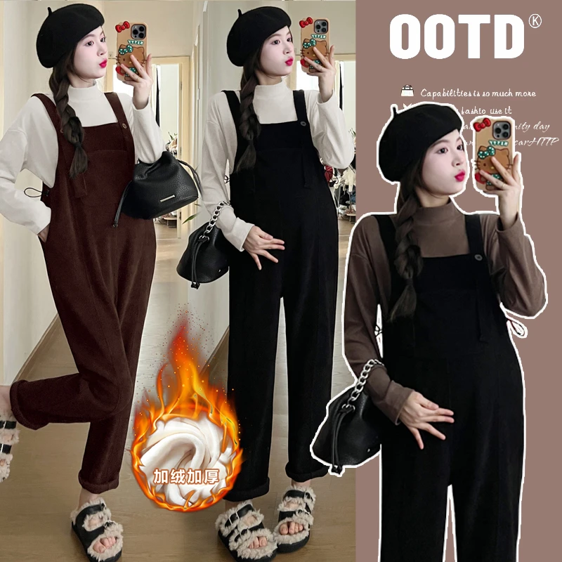 孕妇背带裤秋冬款小个子灯芯绒孕妇裤加厚宽松外穿连体裤时尚新款