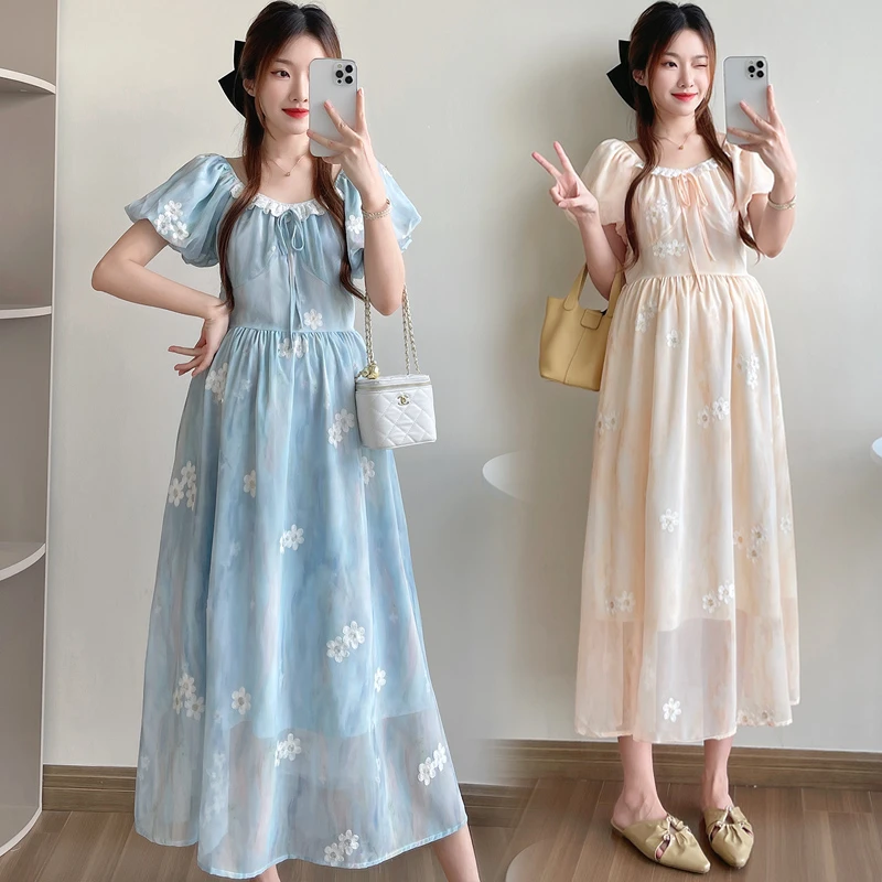 时髦孕妇装夏季新款甜美温柔泡泡袖显瘦气质高腰时尚高级感连衣裙