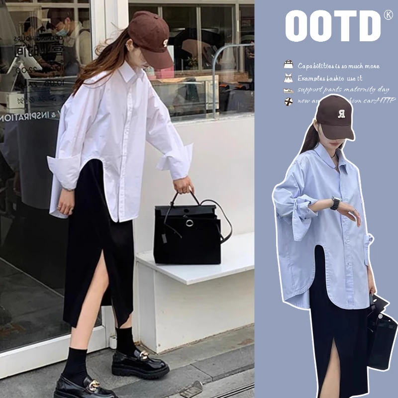 时髦孕妇装春秋季新款宽松开叉连衣裙设计感衬衣长袖白色衬衫上衣