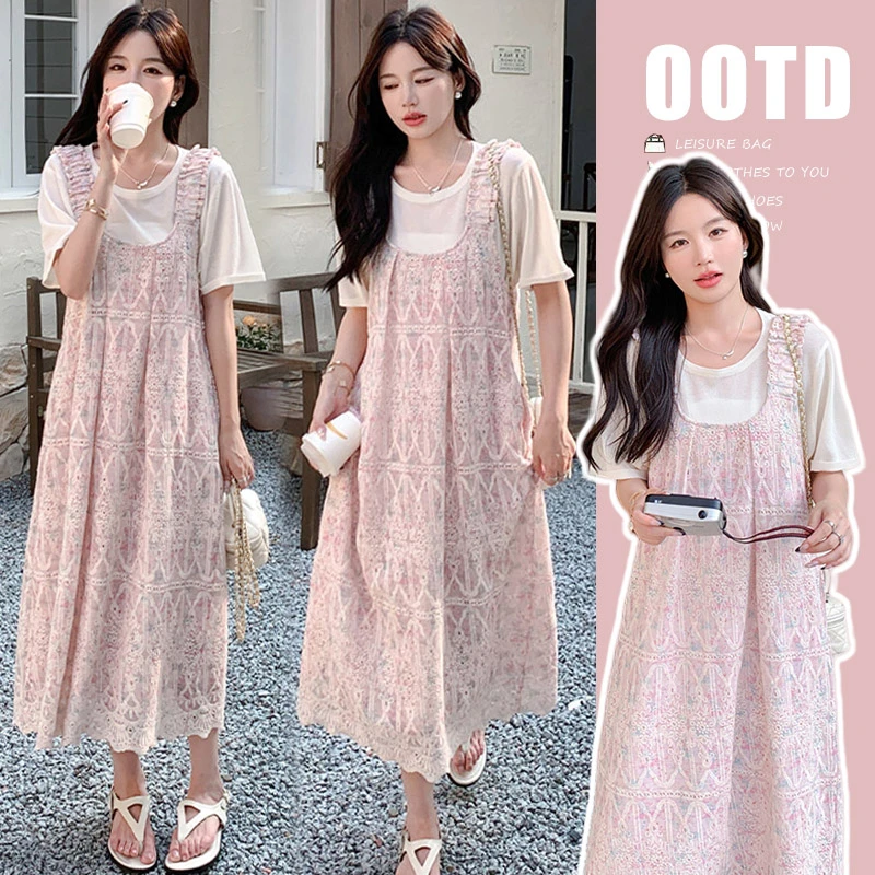 时髦孕妇装夏季新款上衣温柔风蕾丝甜美背带大码碎花显瘦款连衣裙