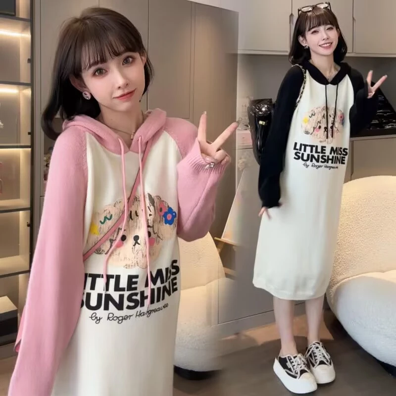 时尚网红款孕妇装韩版毛衣连帽拼接孕妇连衣裙秋冬针织孕妈裙子潮