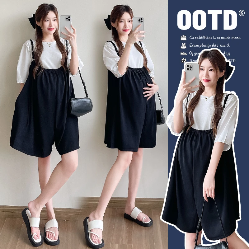 时髦孕妇装夏季新款2024韩版简约甜美淑女百搭T+洋气孕妇背带裤