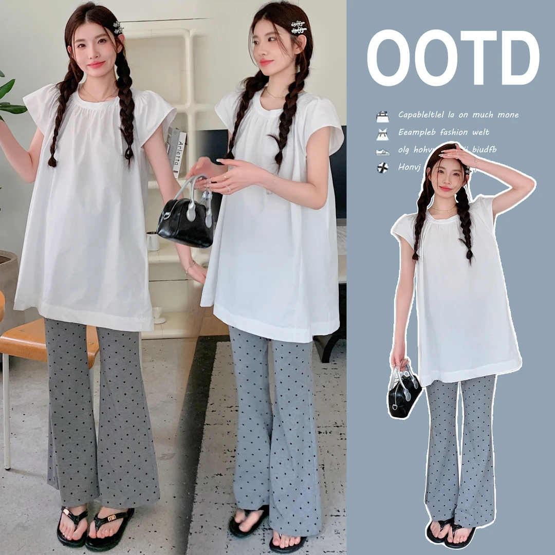 时髦孕妇装夏季韩版时尚休闲遮肚大码显瘦小个子ol娃娃衫上衣波点