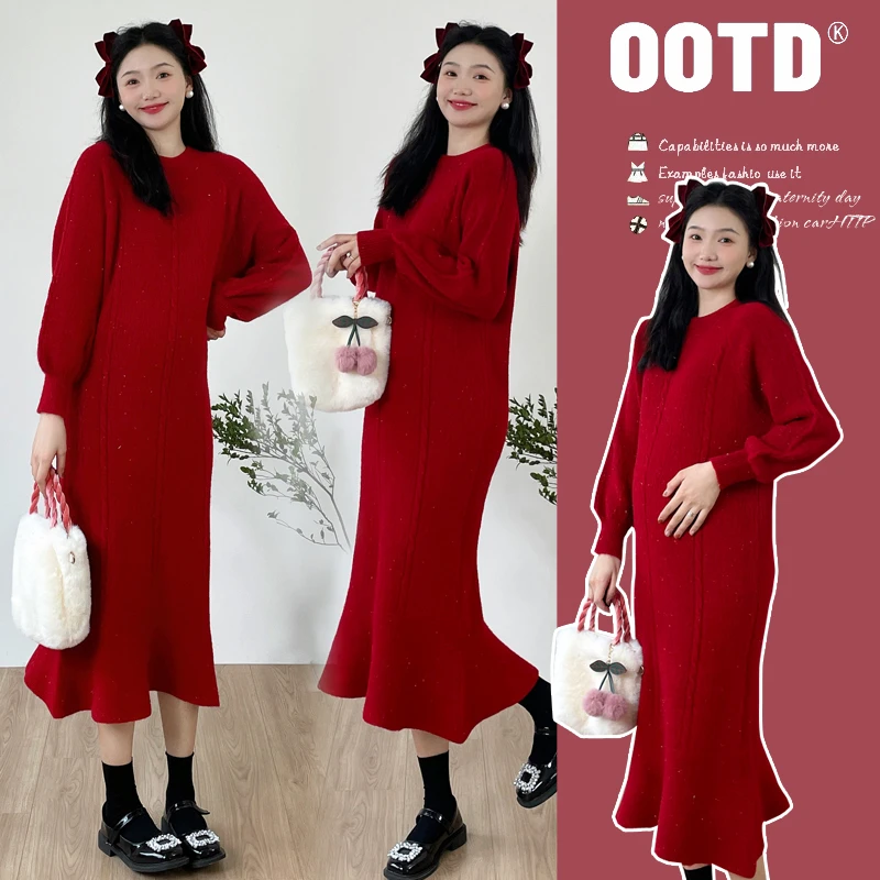 孕妇连衣裙秋冬2024新款红色圣诞针织冬款鱼尾裙子加厚毛衣裙长款