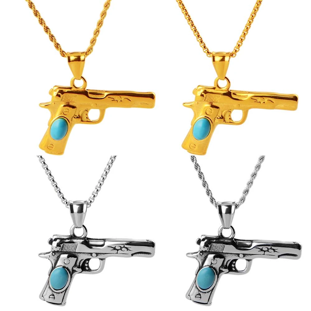 不锈钢吊坠 男士项链潮牌不掉色 天然松石双面图案美式枪形项坠