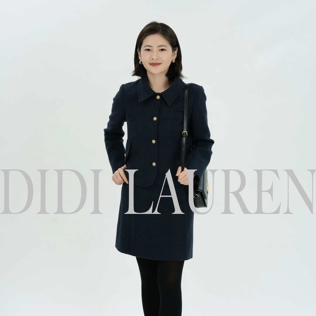 DIDI LAUREN“墨尔本独奏”立体剪裁休闲时尚藏蓝色复古毛呢套装