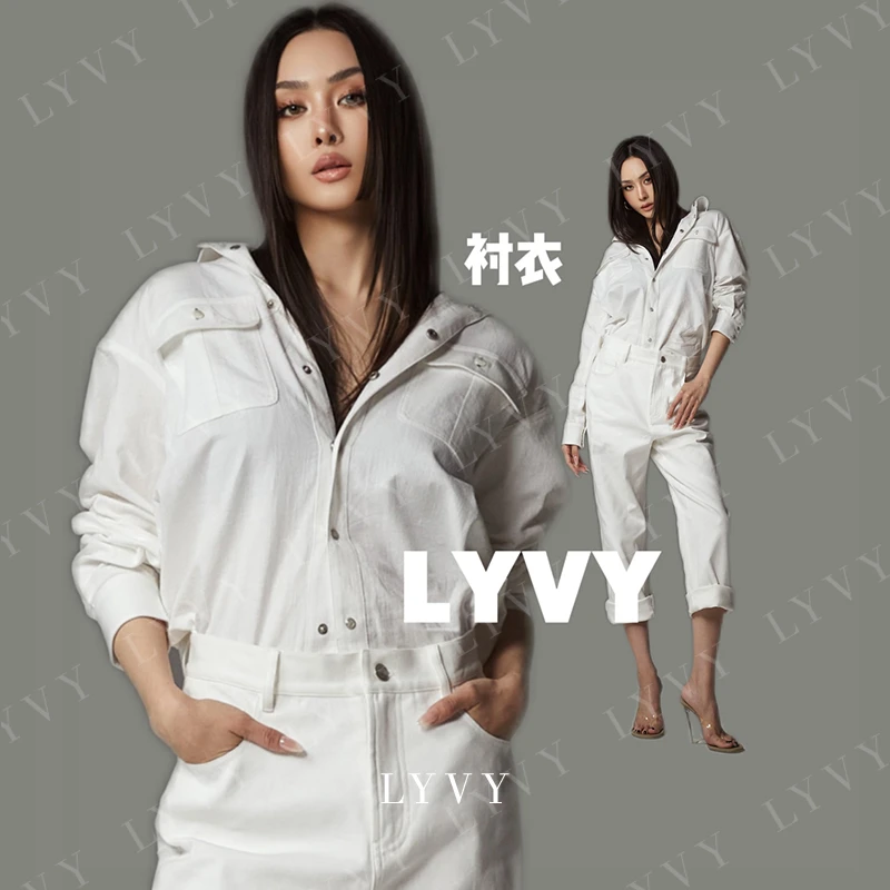 【LYVY-短款衬衫】袁伶嫣同款白色牛仔柔软衬衣亚麻短款休闲衬衫