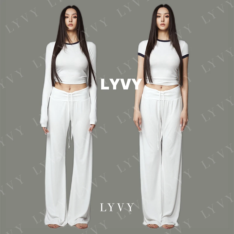 【LYVY-上衣】袁伶嫣同款超柔薄透白色藏蓝拼边T恤