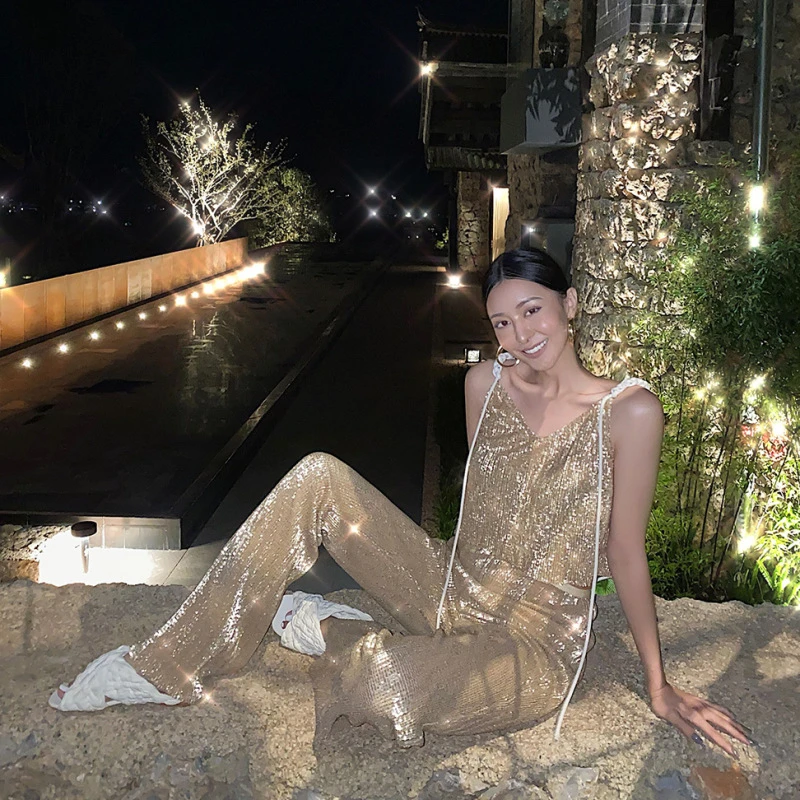 【LYVY】袁伶嫣blingbling聚会休闲裤子宽松吊带三件套装女小众性感