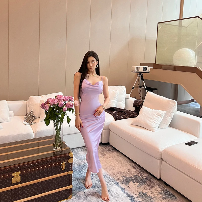 【LYVY】袁伶嫣三色中长款单层吊带裙橘色紫色黑色性感气质开叉时尚