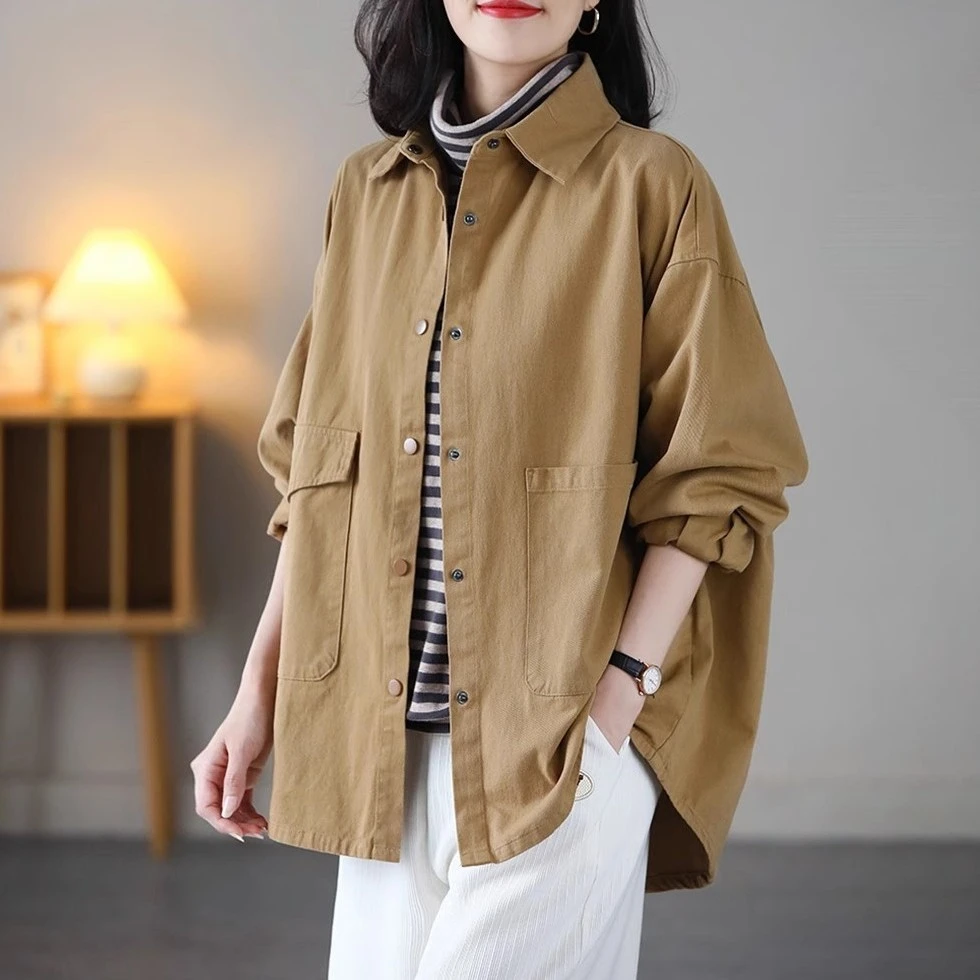 设计感小众宽松休闲风衣外套女春秋新款胖mm大码长袖衬衫纯棉上衣