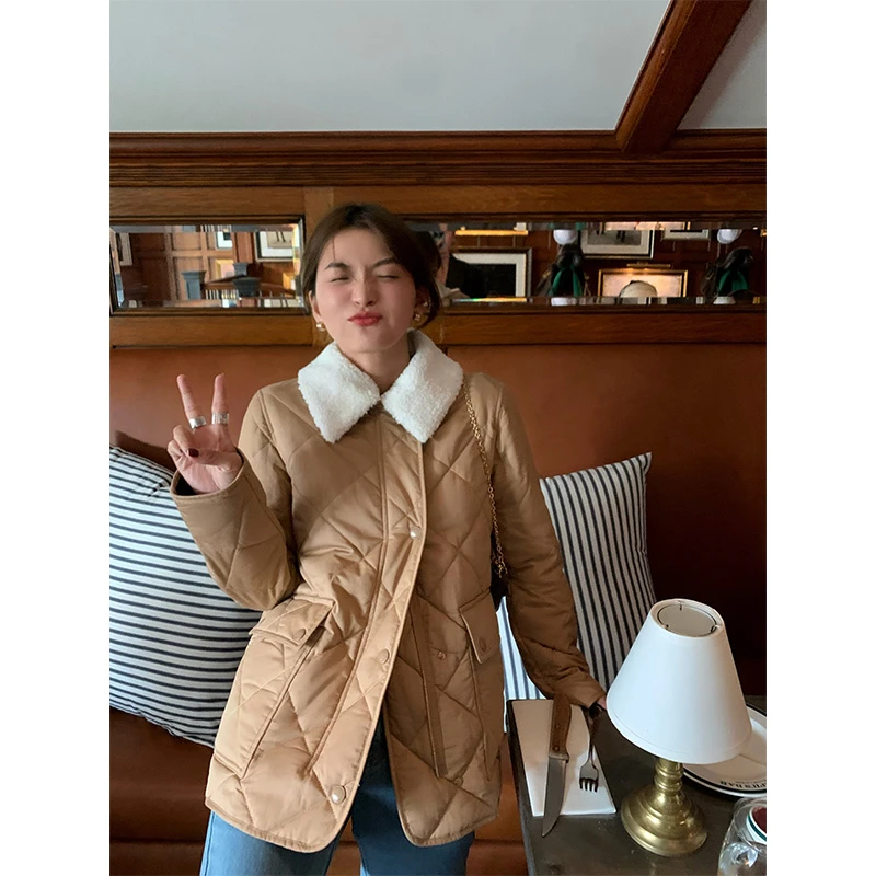 落落狷介棉衣棉服女卡其色秋冬加厚保暖外套2022年新款冬装小个子