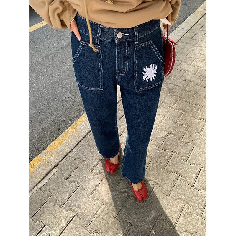 落落狷介牛仔裤2024年秋季新款女小个子刺绣直筒裤高腰设计感裤子