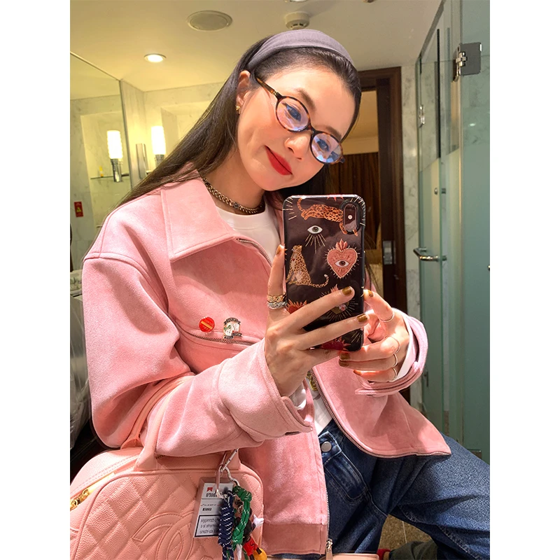 落落狷介 初秋外套2025新款设计感小众短外套女小个子麂皮绒粉色