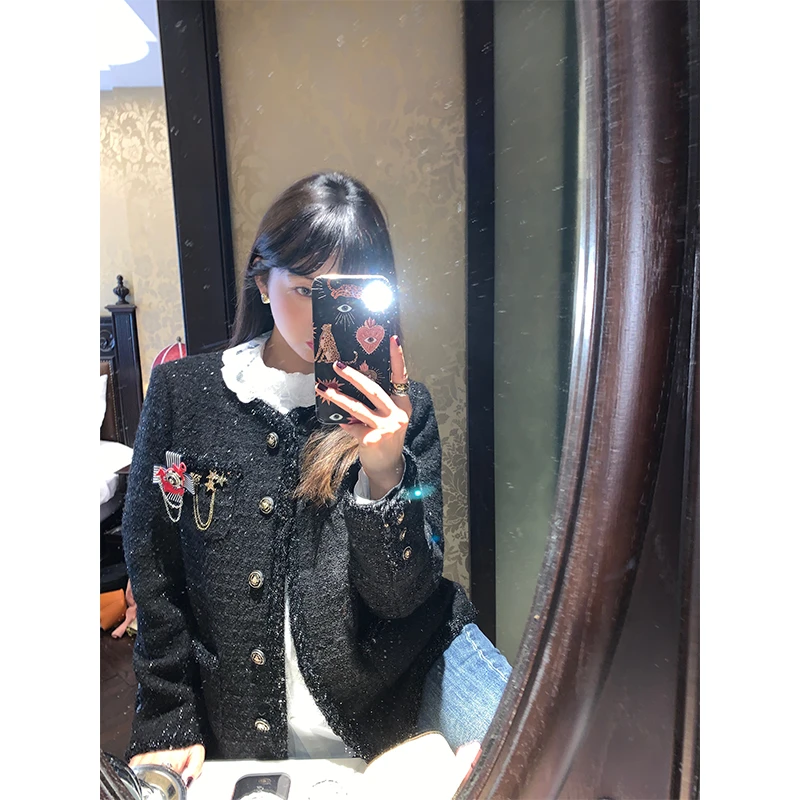 落落狷介黑色小香风毛呢外套女2024年秋冬新款小个子短款呢子外套